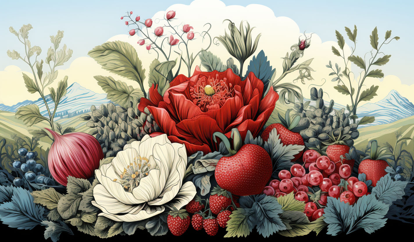 a-painting-of-a-bunch-of-flowers-and-berries